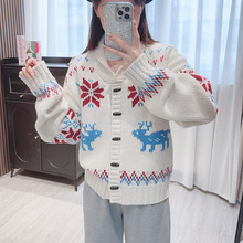 费尔岛毛衣外套女秋冬新款撞色提花宽松加厚小众设计感针织开衫潮