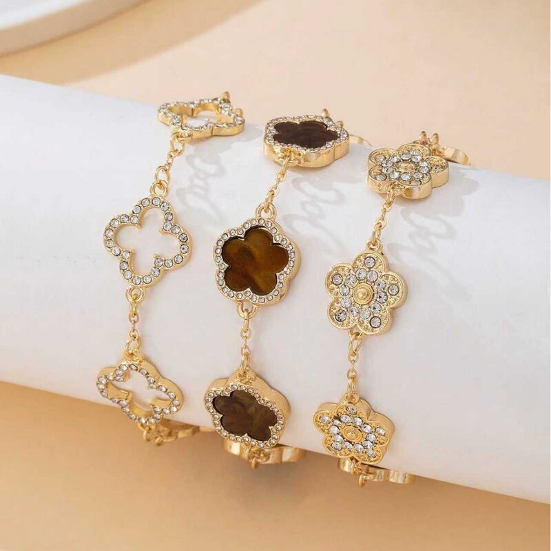 Cross-Border Popular Hollow-Out Four-Leaf Clover Rhinestone Bracelet Five-Leaf Clover Flower Bracelet Set Fashionable Versatile Exquisite Jewelry