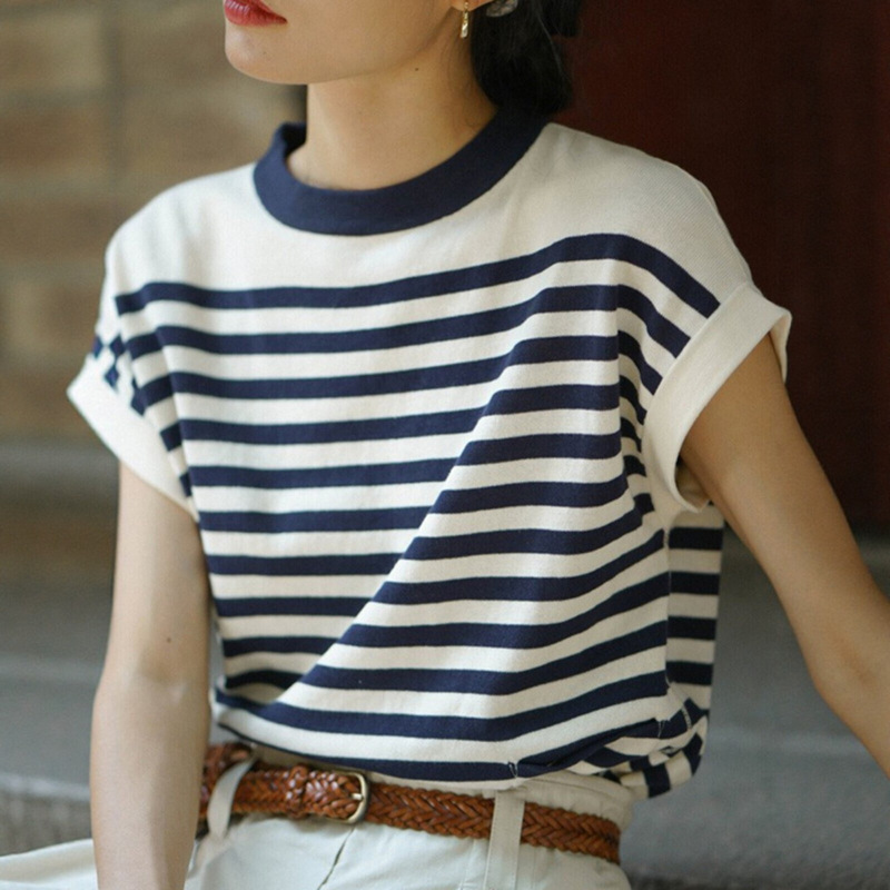 Blue and White Ice Silk Striped Knit Top for Women, Summer Thin Short-Sleeve T-Shirt, Petite Size, Hong Kong Style Retro French Top