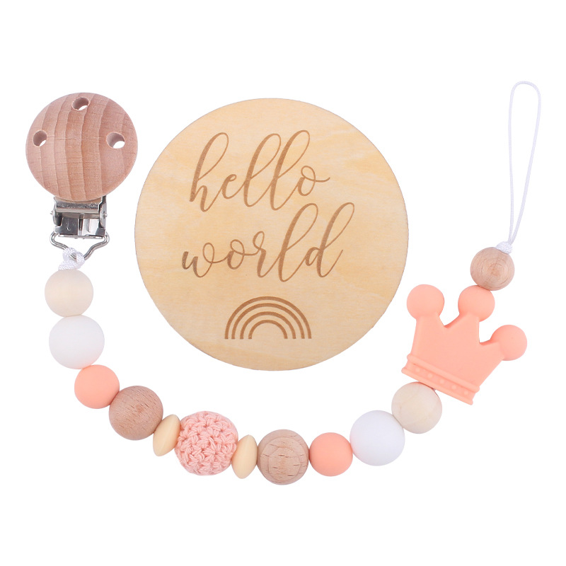 Nuevo bebé haya chupete clip de madera patrón hito tarjeta chupete cadena conjunto de dos piezas