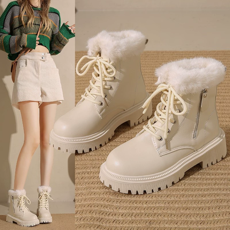 Martens ankle boots, fleece‑lined platform sole, lace & side zipper, Korean style, sizes 35–42