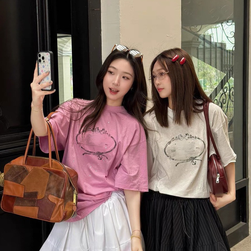0J2206, Designer Women's Three-Color Rope Knot Print Rhinestone Short-Sleeved T-Shirt