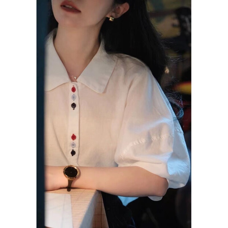Japanese Style Literary Linen Fabric Colorfulful Button Lantern Sleeve White Short-Sleeved Light and Breathable Shirt