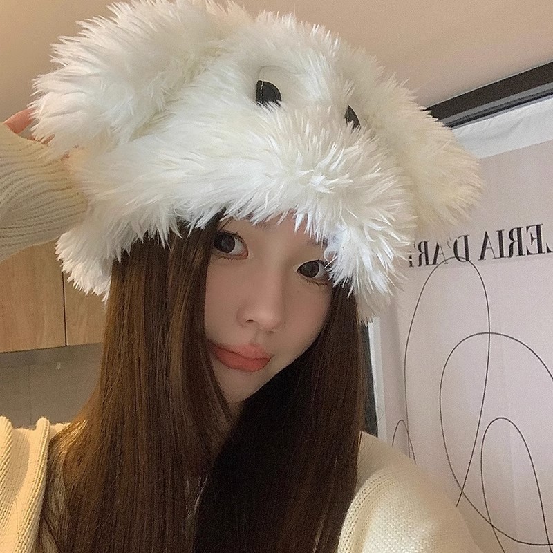 日系搞怪卡通大眼小狗套头帽女秋冬保暖护耳甜美可爱加厚毛绒帽子|undefined