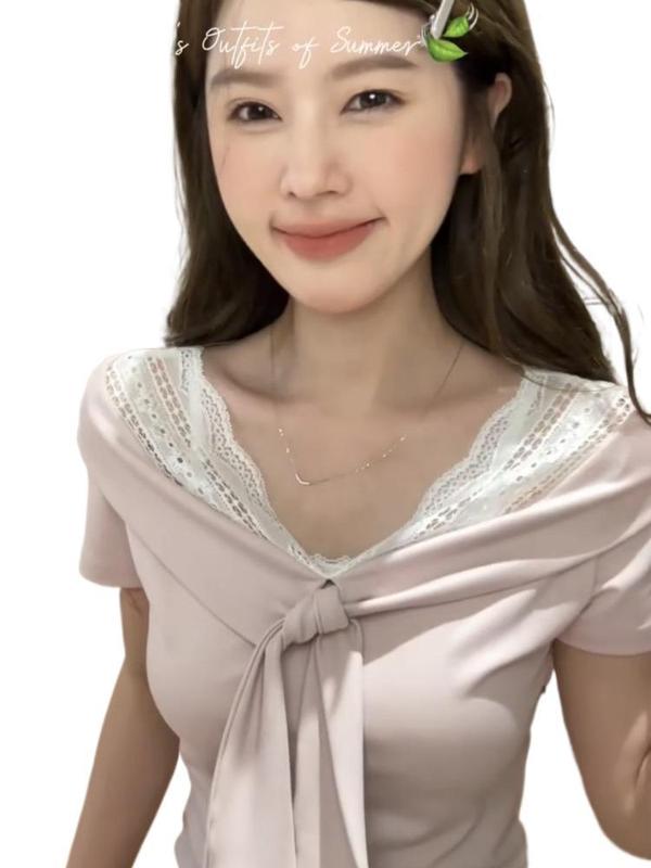 假两件蕾丝拼接v领正肩短袖t恤女夏季修身显瘦chic韩系短款小上衣|undefined