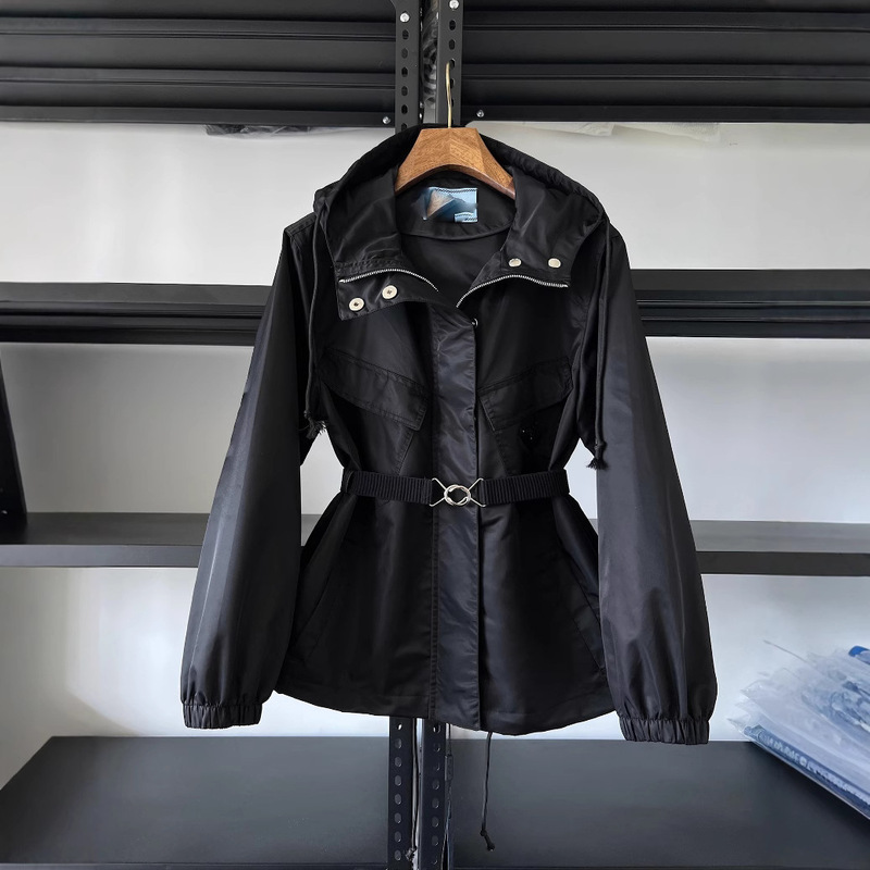 P Home Pra Same Style New Women's Elastic Waistband Nylon Waterproof Fabric Jacket Nylon Hooded Short Jacket