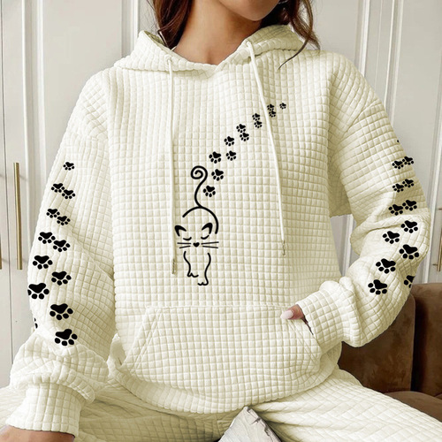 Winter and Spring Women's Checked Hooded Long-Sleeve Cartoon Print Sweatshirt Loose European and American EU Size