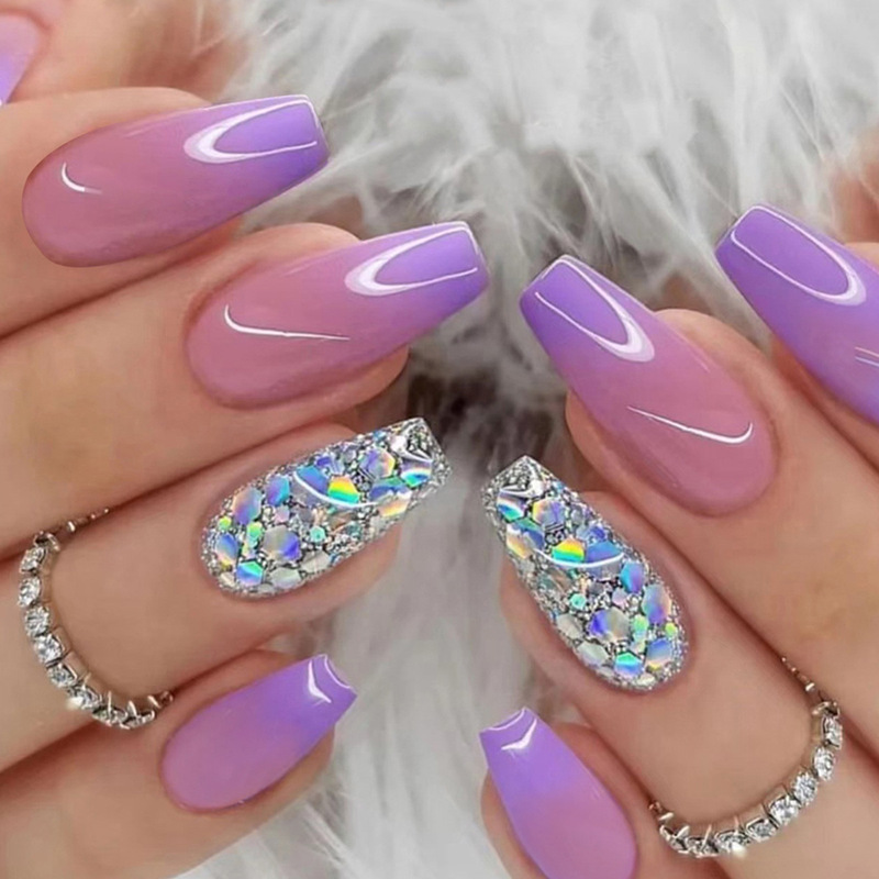Sweet Style Light Purple Gradient nail polish jump color big sequins flash wear nail detachable finished fake nail patch
