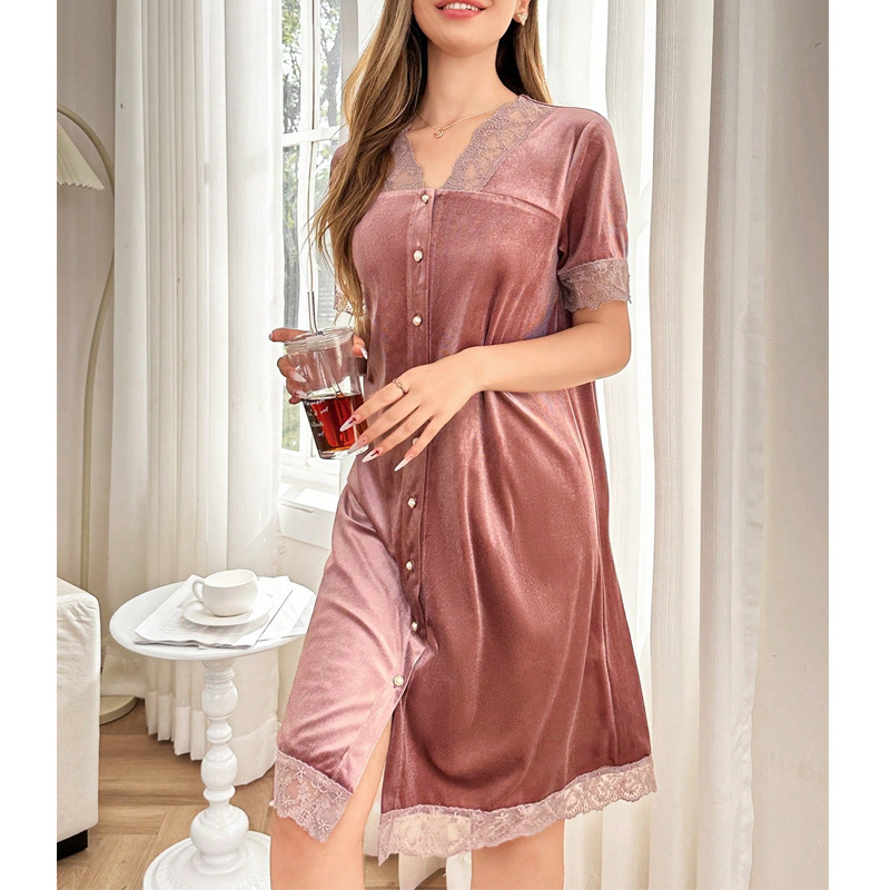 여성을위한 달콤한 레이스 잠옷 여름 새로운 유럽과 미국의 고급 벨벳 반팔 카디건 드레스 홈웨어