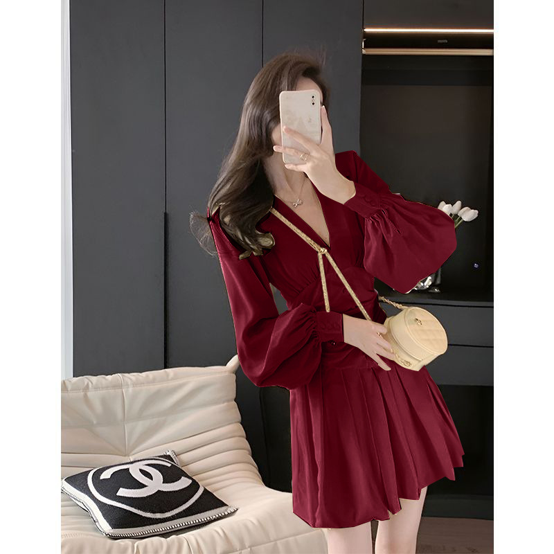 Women's Chiffon V-Neck Lantern Sleeve Mini Dress