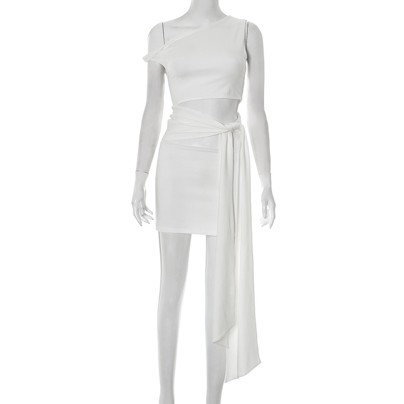 Women's Clothing European And American Style Women's Off-Shoulder Dress Summer Fashion Street Style Sleeveless Slim Fit Tie Waist Short Dress_ecoleips.com