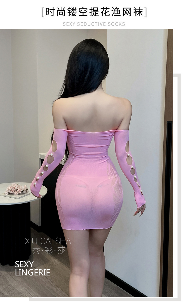 Off-Shoulder Open-Crotch Bodycon Mini Dress, Hollow-Out Peacock Green One Size — detail image 33