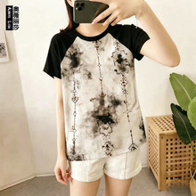 夏季绵绸复古扎染圆领短袖T恤女款宽松百搭设计感时尚人造棉上衣