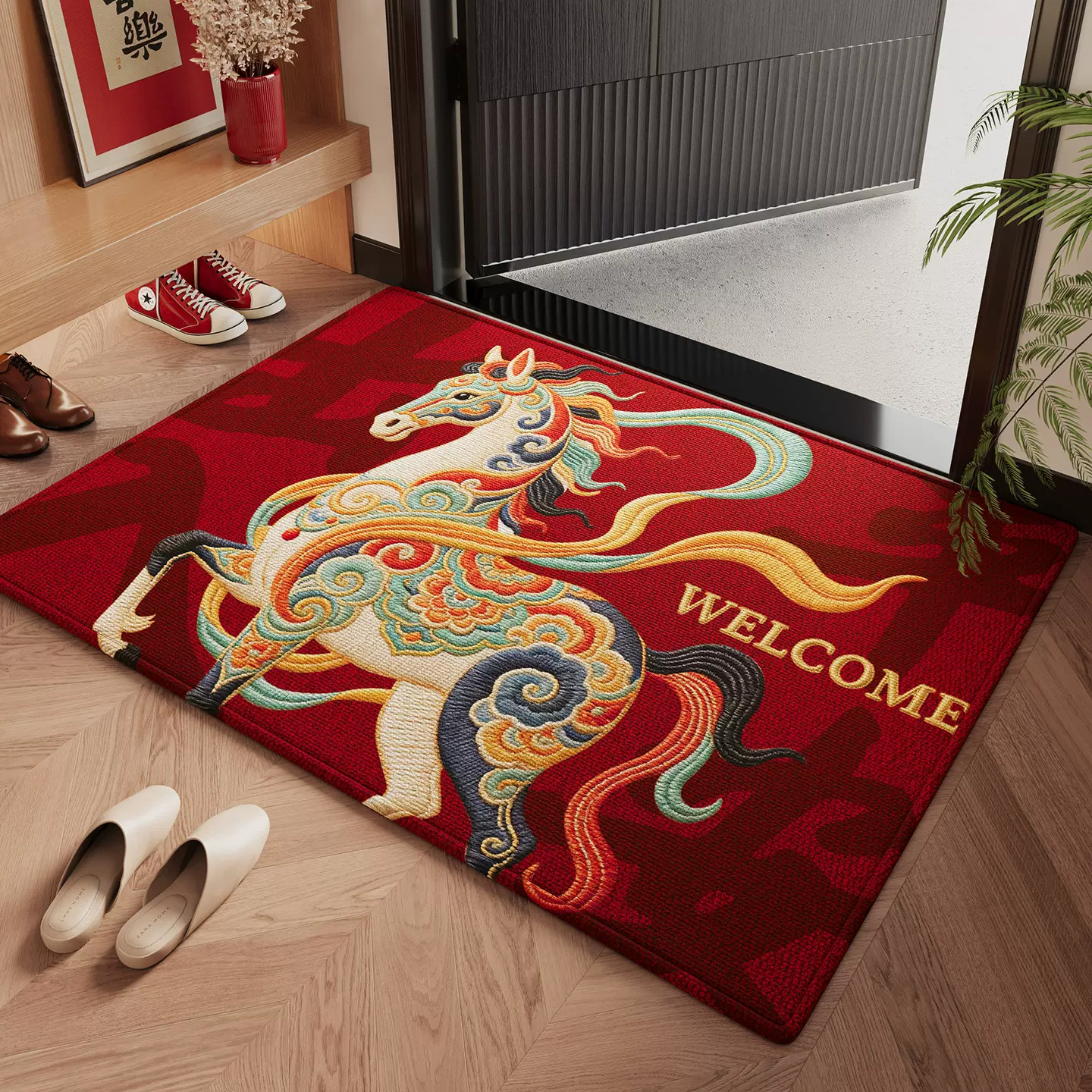 2026马年红色喜庆入户门地垫耐脏除尘免打理玄关马年款进门门垫