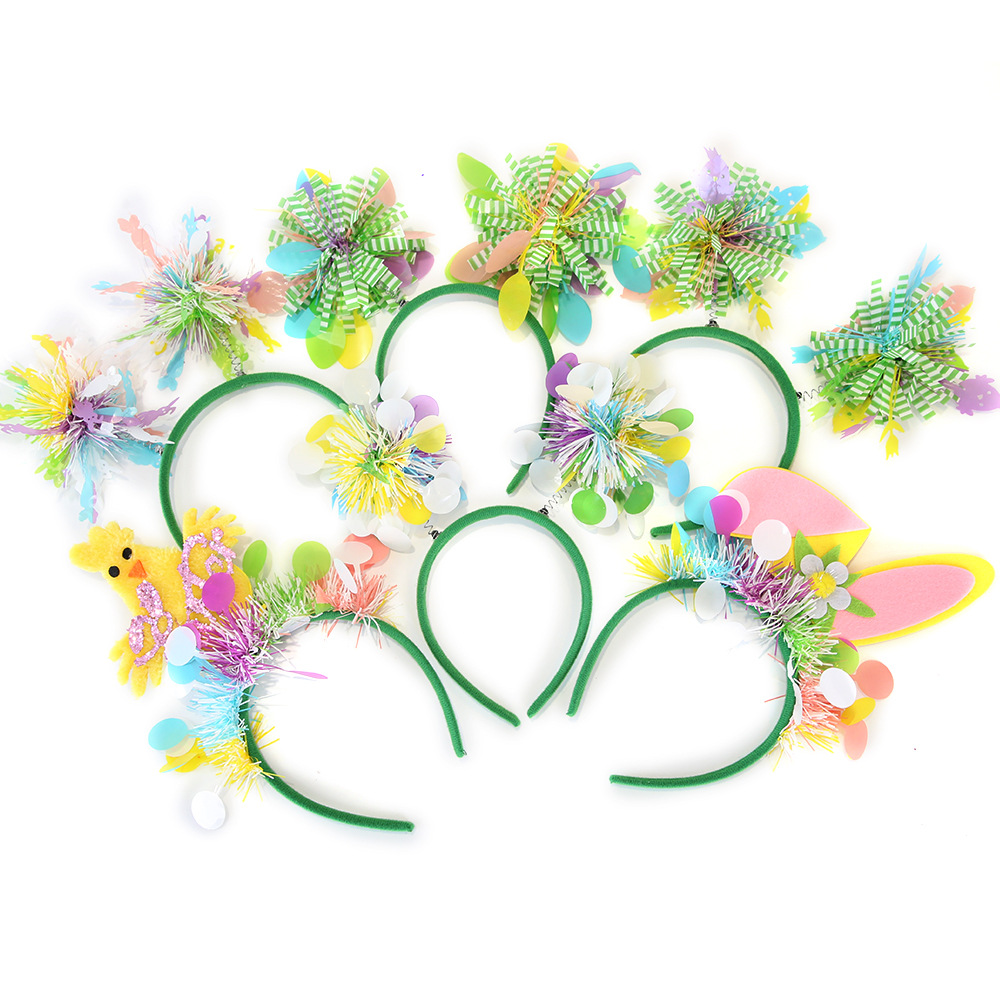 Decoración de Pascua para el cabello para adultos, vestido de vacaciones para niños, huevos de conejo, bolas de seda de lluvia, bandas de cabello para las orejas de la correa