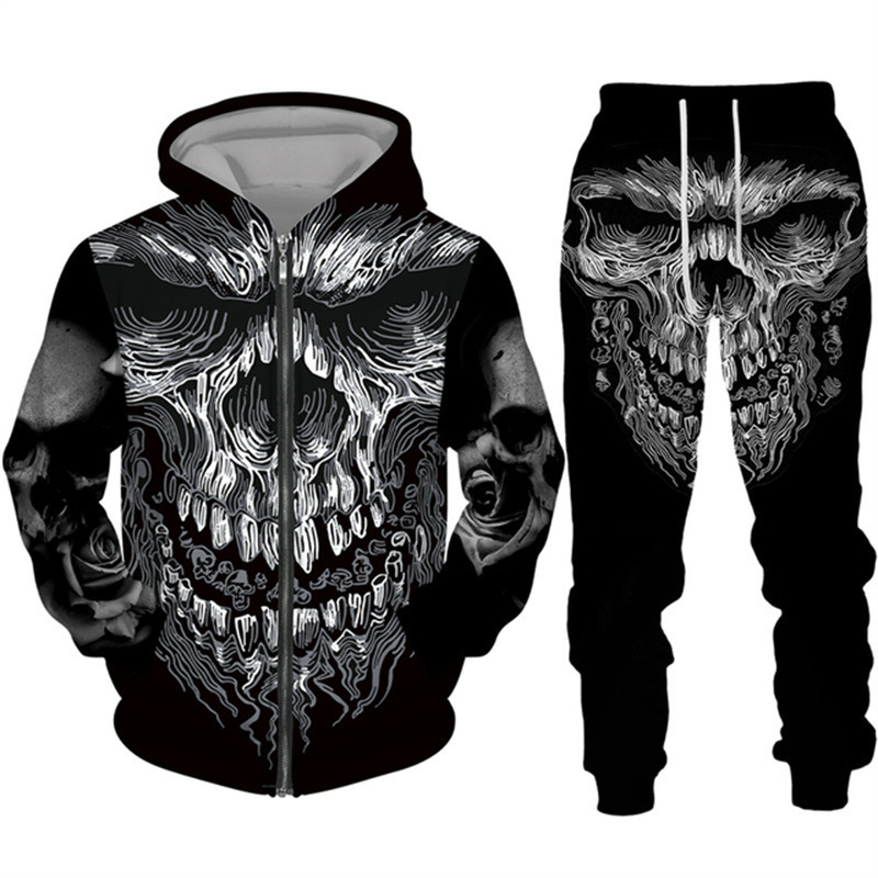 Comercio exterior transfronterizo impresión digital 3D chaqueta con capucha de calavera de terror de dos piezas para hombres europeos y americanos MF08-ML01