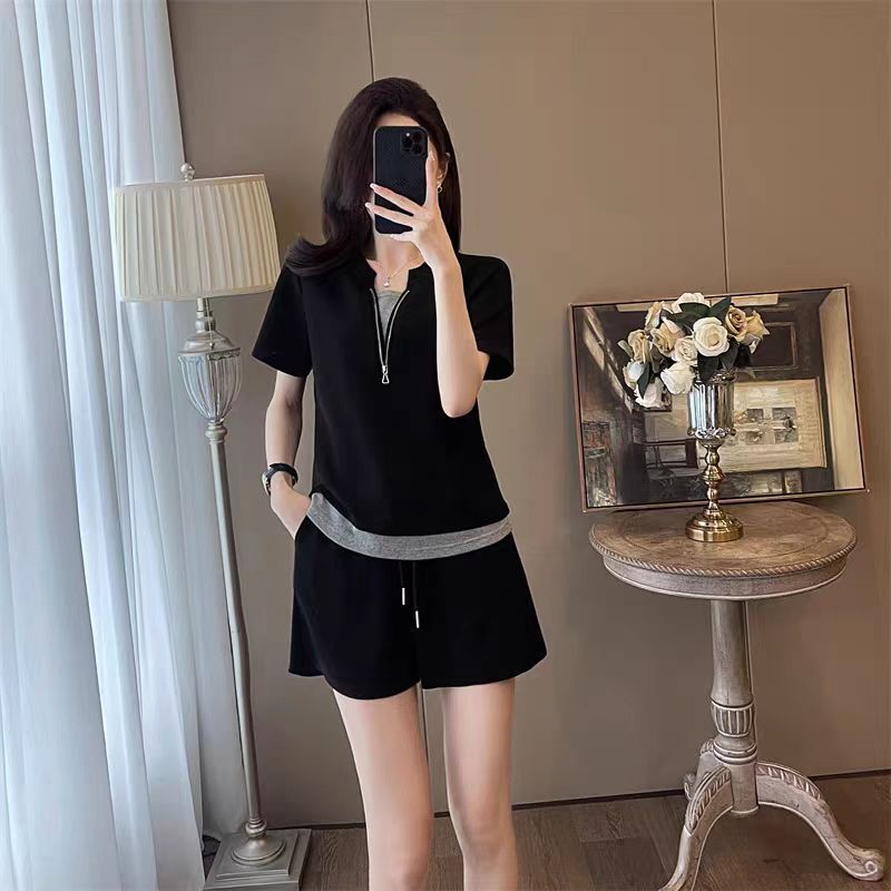 European Station Cross-border Trade Fashion Sports Clothes Women's Suit Summer Loose Slimming Short-sleeved Short Two-piece Fashionable Suit European Station Cross-border Trade Fashion Sports Clothes Women's Suit Summer Loose Slimming Short-sleeved Short Two-piece Fashionable Suit