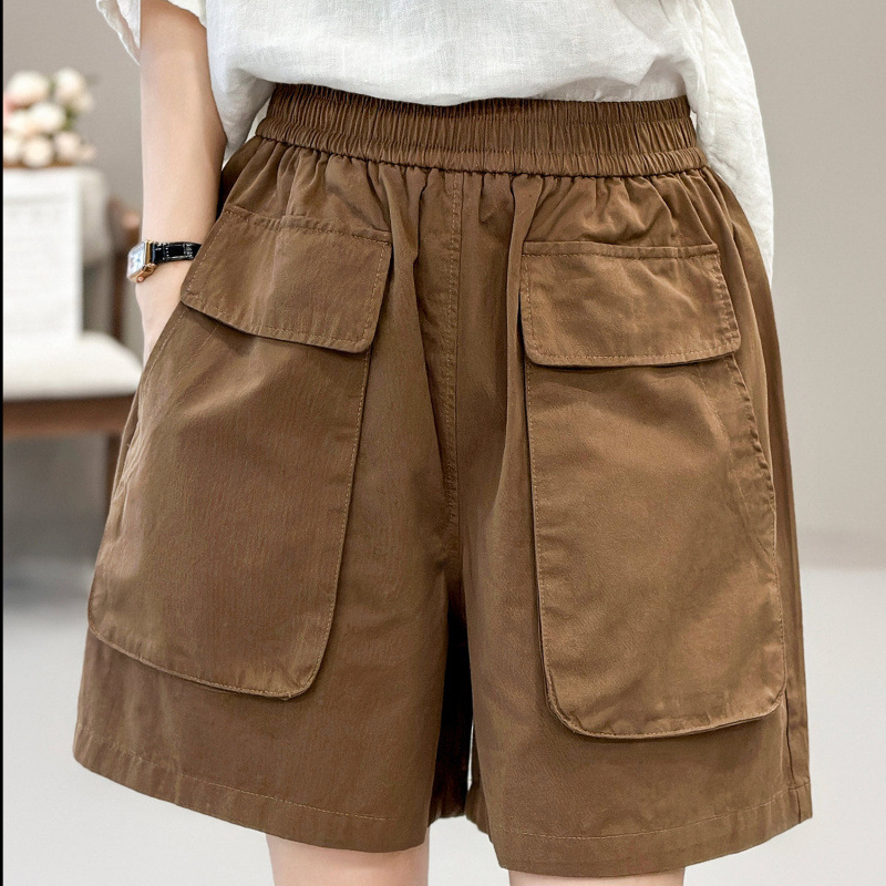 2026 Summer Thin Workwear Shorts with Elastic Waist, High Waist, Large Pockets, Wide-Leg Pants, Fashionable Casual Slimming Ultra-Short Pants