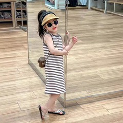 Korean children's summer knit gray striped long-sleeved backless dress, stylish and comfortable, trendy