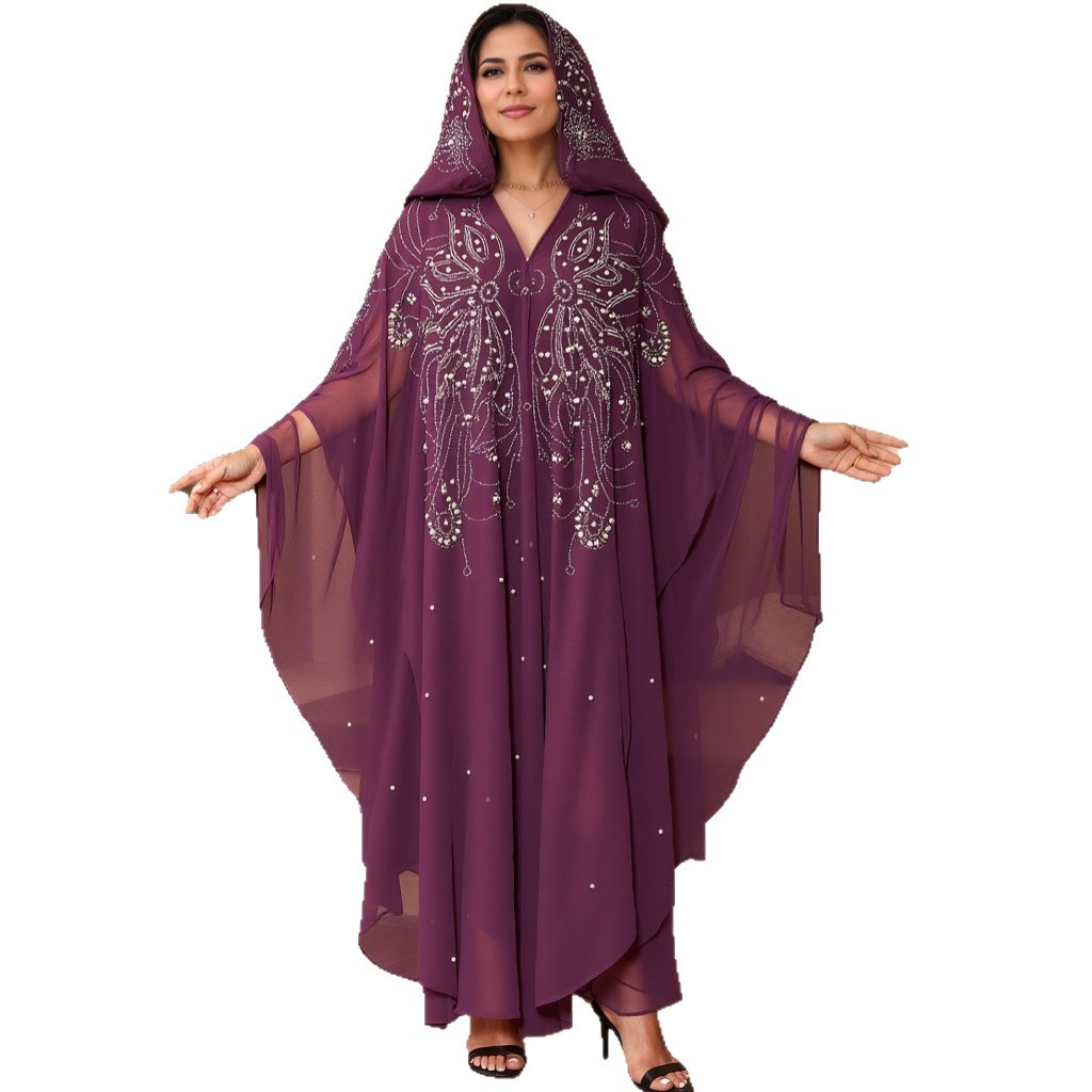 Kaftan mit Kopftuch – Besticktes Maxikleid mit langen Ärmeln (Einheitsgröße, Blumenmuster/Schwarz/Weiß/Dunkelviolett/Blau/Khaki)_voghion.com