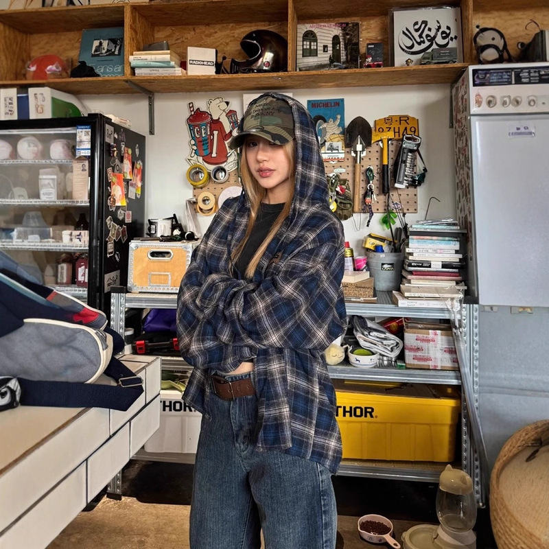 American Style Contrast Plaid Hooded Long-Sleeved Shirt for Women Spring and Autum Retro Street Fashion Brand Loose Casual Jacket Top