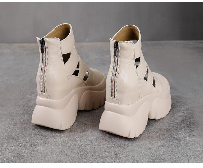 Giày sandal cao gót nữ hở mũi da bò thật đế dày tăng chiều cao — màu đen chi tiết 15