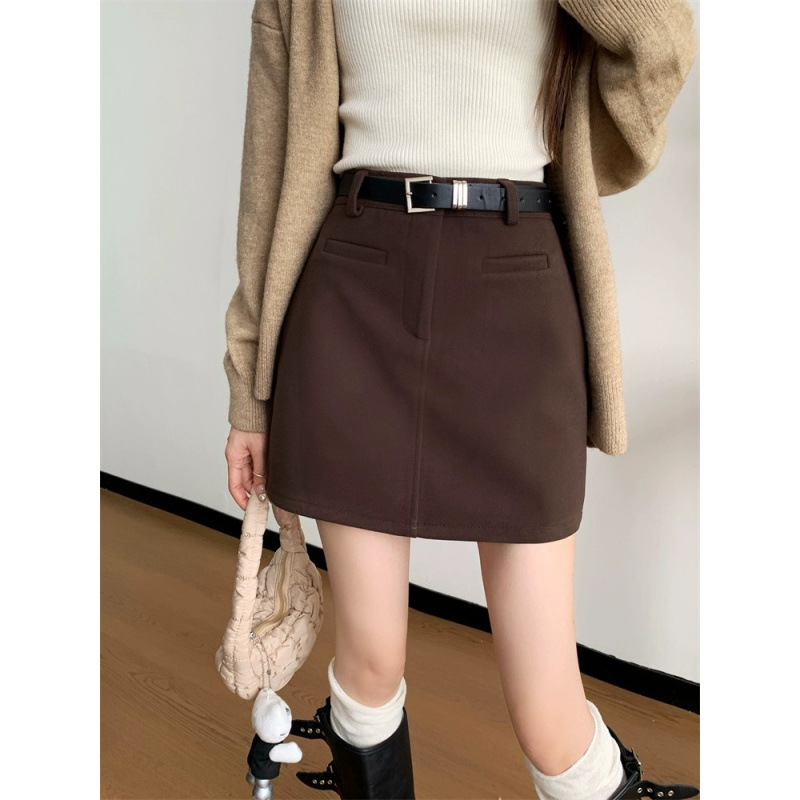Maillard brown Woolen Skirt Women's New Autumn High Waist Slimming A- line Hip Anti-glare All-match Short Skirt