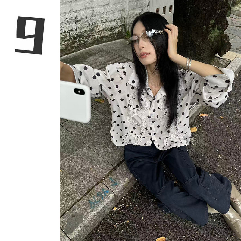 [9hour] French retro polka dot shirt for women, autumn, with ruffle trim, stylish high-end long-sleeve blouse 5821
