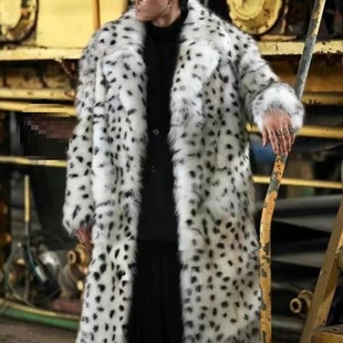2025 New Leopard Print Men's Long Coat with Suit Collar, Faux Fox Fur Coat, Trendy Winter Warm Trench Coat