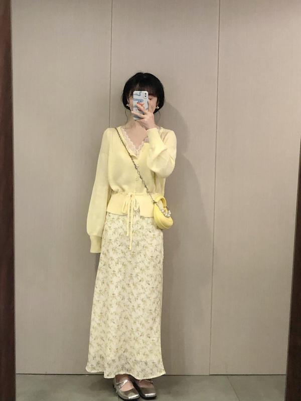 法式甜美黄色U领长袖开衫上衣女收腰显瘦针织衫外套初秋穿搭上衣|undefined