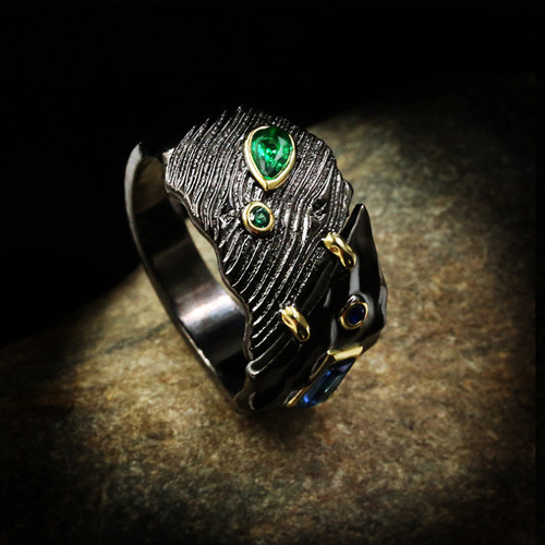 Ebay Hot Selling Black Gold Three-Piece Engraved Ring Black Color Stone Ethnic Retro Style Necklace Earrings DIY Accessory