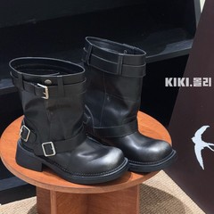 韩版新潮皮带扣厚底马丁靴女2025秋季新款方头粗跟真皮短筒机车靴
