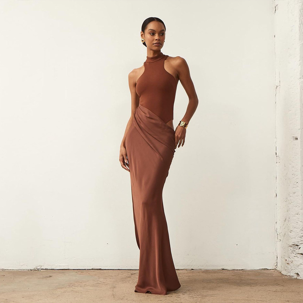 Europa y América nueva moda de mujer transfronteriza de Amazon estilo medio alto cuello sin mangas delgado empalme hueco vestido de cadera image 1