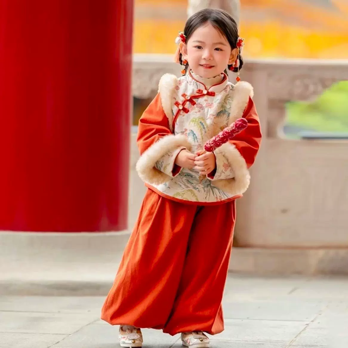 儿童汉服拜年服加厚套装男女童中式新年服秋冬款萌鹿图案国风唐装