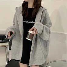 跨境新款春秋新款黑色连帽卫衣女宽松慵懒风加绒chic小众上衣外套