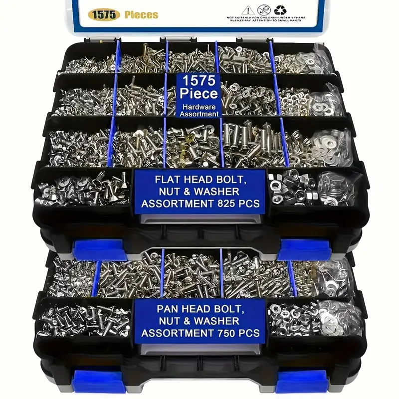 1575 Pieces of Stainless Steel Round Head Pan Head Countersunk Head Bolts, Nuts, and Washers Combination Set in a Box, Cross-Border Wholesale Price
