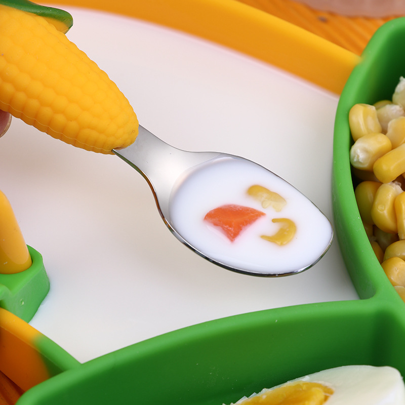 Compartimiento de los niños de dibujos animados plato de la cena babero del bebé de silicona cuchara de acero inoxidable Tenedor suplemento alimenticio para bebés vajilla traje