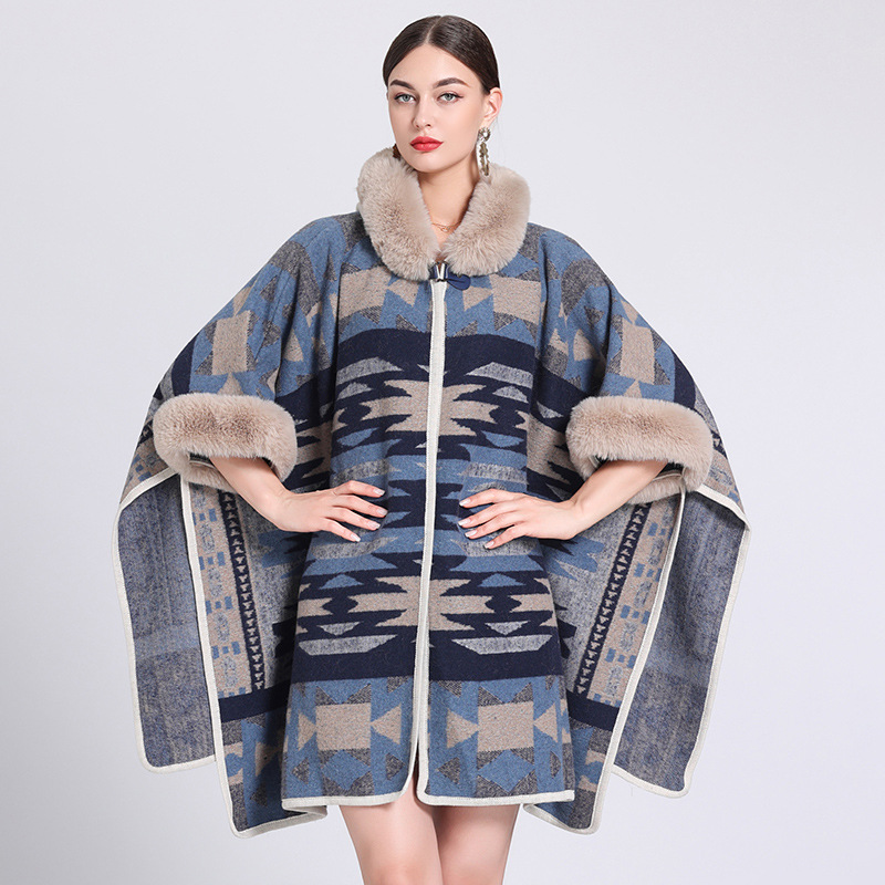 Fur collar hooded cape cape loose jacquard cardigan plus-size woolen coat_voghion.com