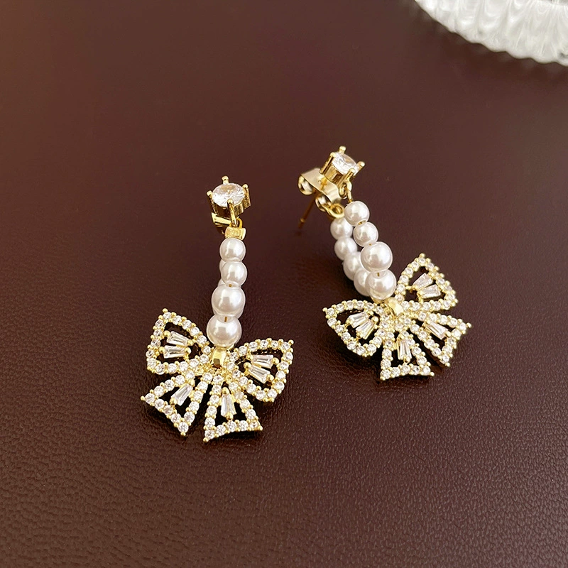 Серебряная игла, цирконий из жемчага, серьги с бантами, стиль легкой роскоши, качественный стиль, оптом