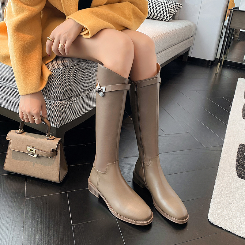 Grape mom with ~ ~ leather boots women's spring autumn and winter but knee Joker casual high knight boots