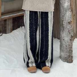 加厚过冬冬季新款复古慵懒条纹宽松长裤保暖双面圈圈毛呢阔腿裤