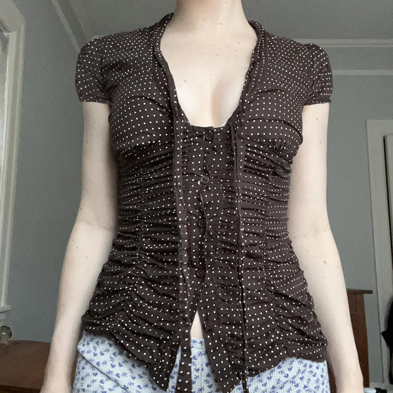 2025 Summer New Casual Pure Deep V Low Chest Lace-up Design Contrasting Color Dot Fold Slim Shirt Women