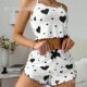 Summer New European and American 2024 Knitted Pit Strip Love Printing Design Sweet Sling Shorts Pure Pajamas for Women