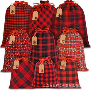 Christmas Plaid Cotton Fabric Drawstring Bag Red Black Packaging Storage Bag Holiday Party Candy Gift Bag Kraft Paper Label