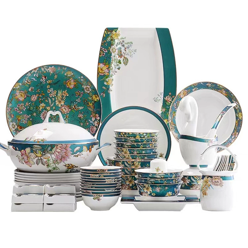 Porcelain tableware (Tangshan), bone‑china enamel, floral pattern, assorted serving pieces
