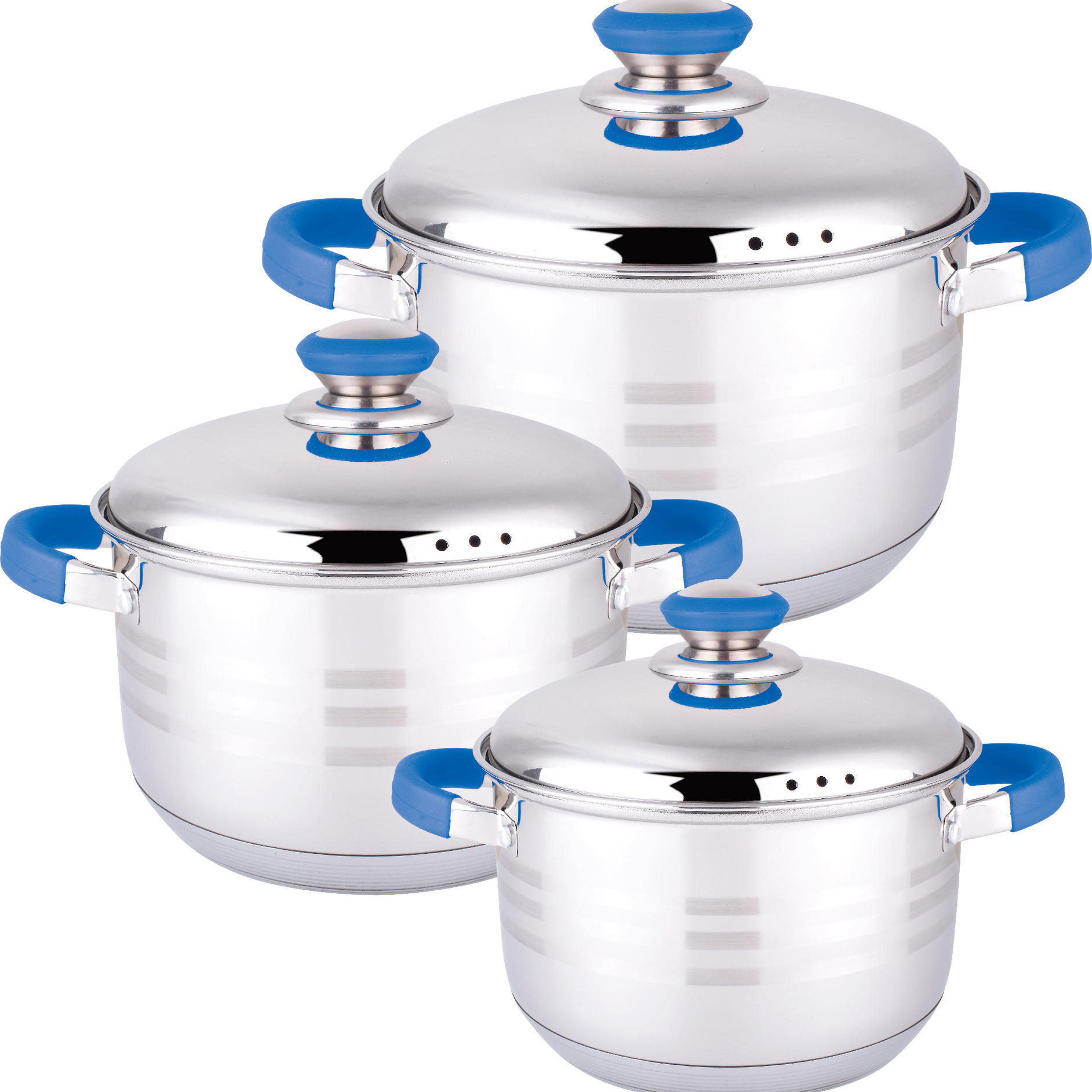 Juego de utensilios de cocina de acero inoxidable 201 de grado alimenticio, olla para guisos con doble asa, olla para sopa, juego de tres piezas, fondo compuesto de 9 capas, mango de goma