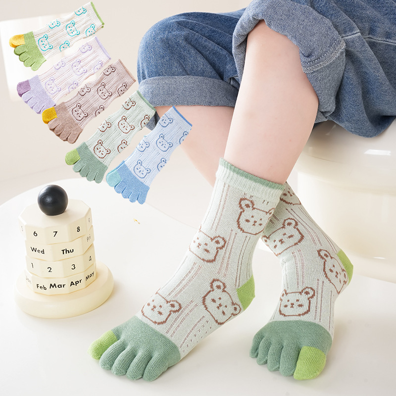 Children's glass silk cartoon bear five-finger socks summer cool color finger socks mid-calf