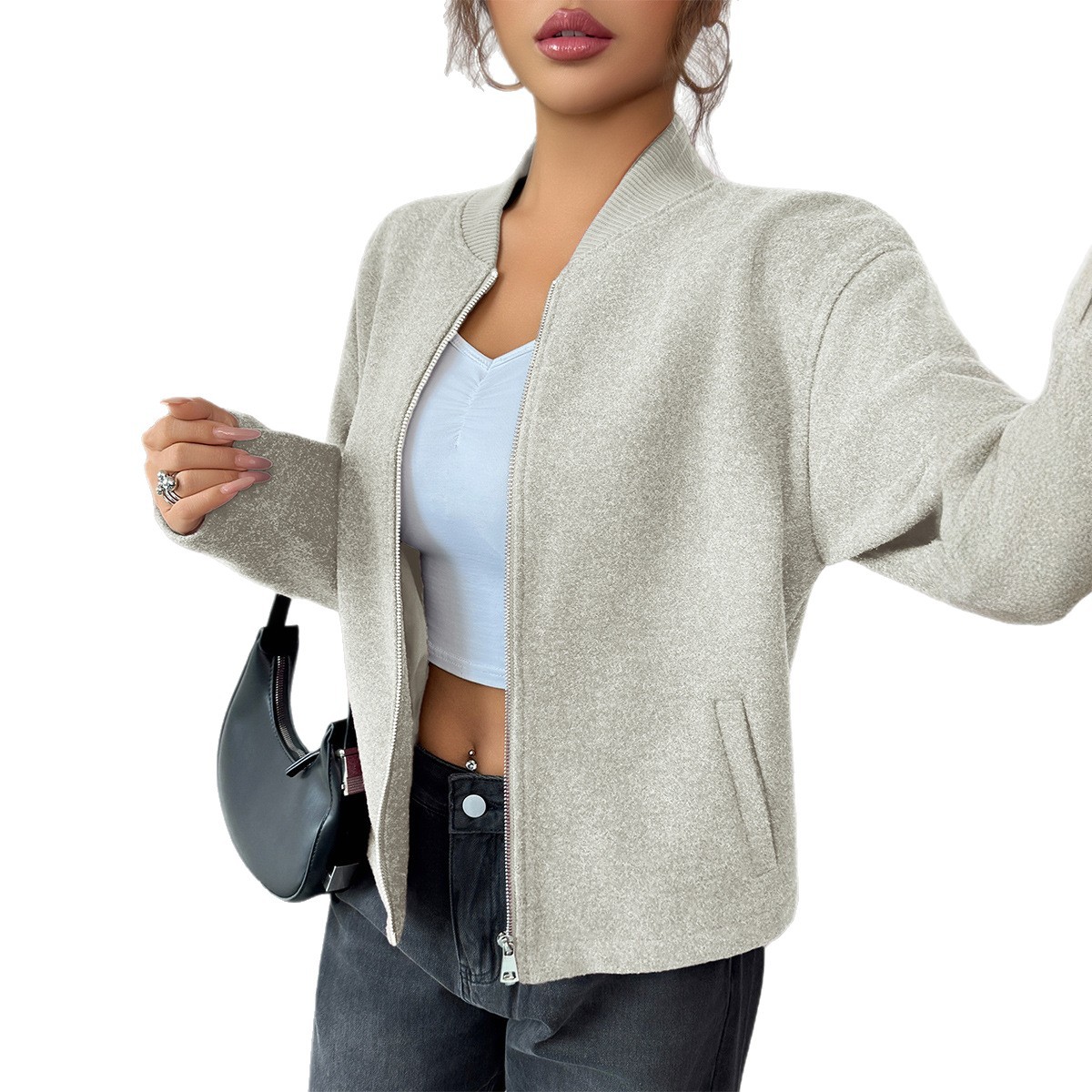 Elegant Zip-Up Long Sleeve Jacket – Polyester Wrinkle-Resistant Coat For Women (D2547010) Full-Zip Versatility_voghion.com