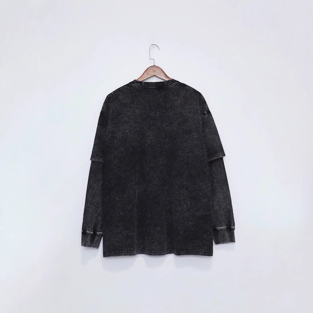 230G retro lavado para hacer vieja chaqueta de nieve frita inns transfronteriza americana falsa dos piezas camiseta de manga larga para hombres base universal