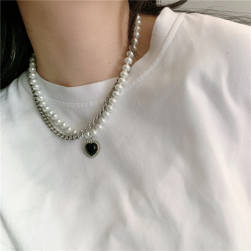 fashion new style Double Titanium Steel Pearl Necklace